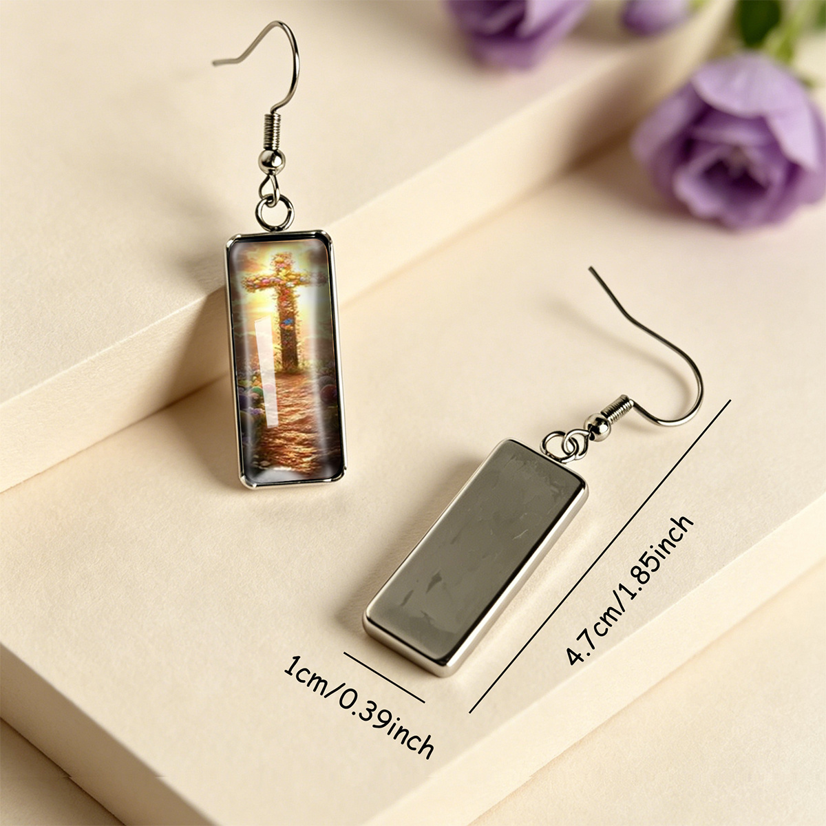 Rectangular Stainless Steel Time Gem Earrings with Cross Pattern